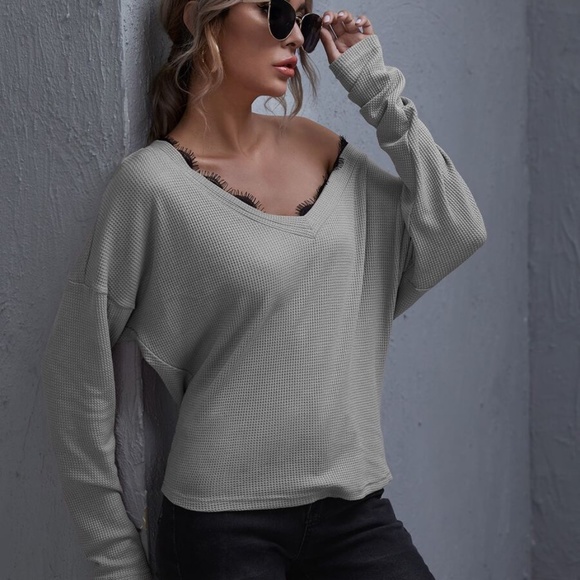 Black eyelash lace detail off shoulder waffle top - Picture 10 of 14